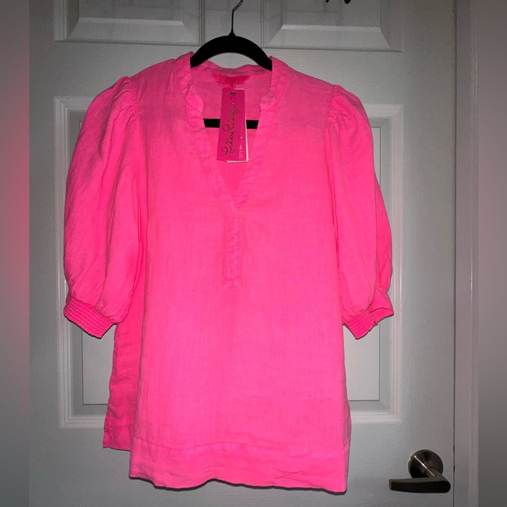 NWT Lilly Pulitzer Pink Puff Sleeve Linen Blouse 🩷